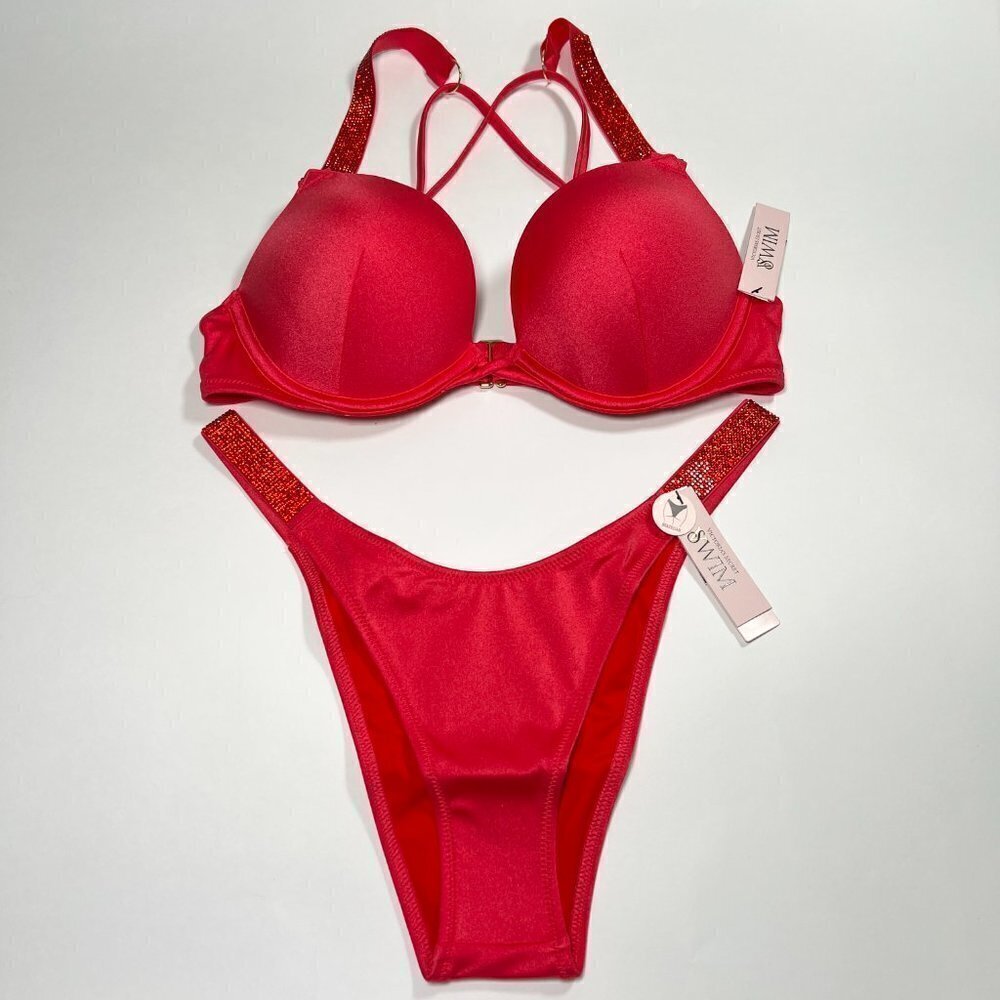 Victoria Secret 38C L Bombshell Push Up Top Cheeky Bikini Set Shine Strap Pink